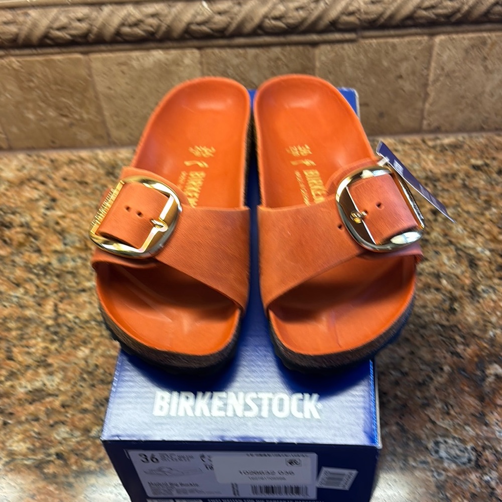 Birkenstock Madrid Big Buckle Burnt Orange Slides with Gold Buckle NEW